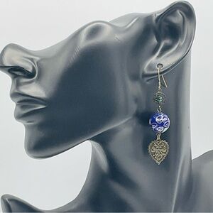 Earrings Cloisonne Flower Gold Tone Blue Green 80s VTG Jewelry Hook Drop Ball